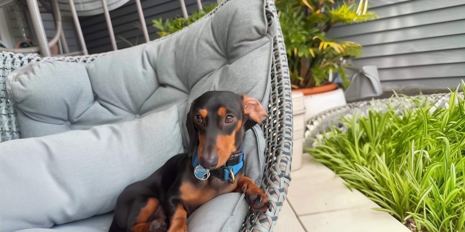 Dachshund relaxing in outdoor chair