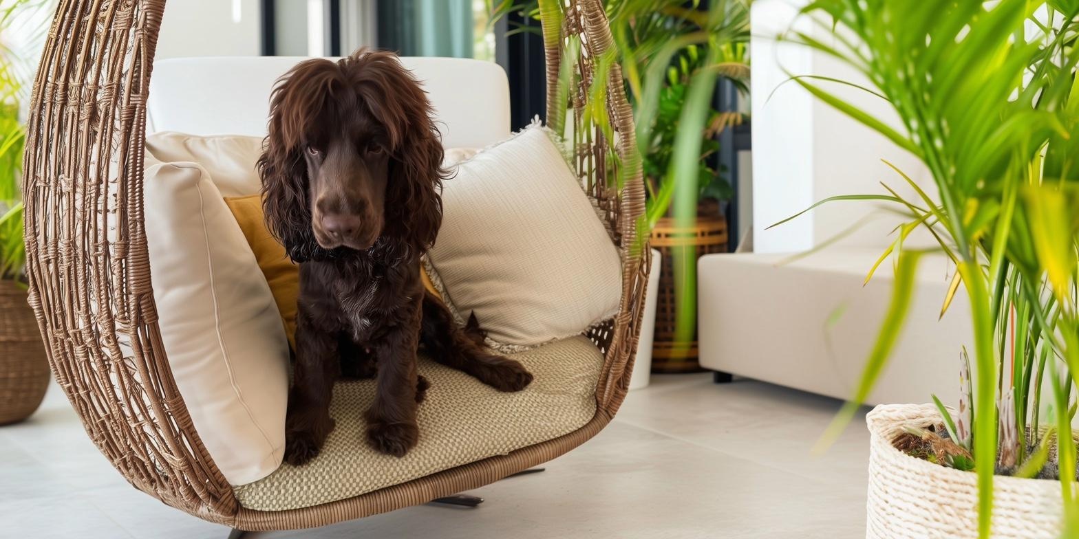 Chocolate spaniel in hanging chair